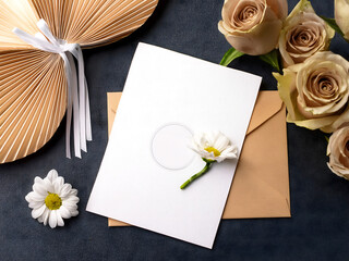 Rustic Elegant Card Mockup with Gold Rings, Roses, and Charger Plate