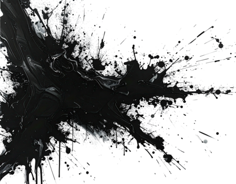 Abstract black liquid splash with white accents on a dark background, offering a dynamic visual