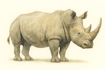 A detailed illustration of a white rhinoceros standing in profile on a light background.