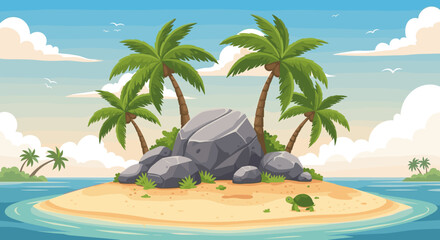 Tropical island with turtles for travel promotions, environmental awareness, and beach-themed events 