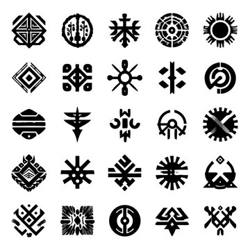 Abstract tribal symbols set, ancient ethnic icons, geometric patterns, mythical glyphs, decorative design elements, vector style graphics.