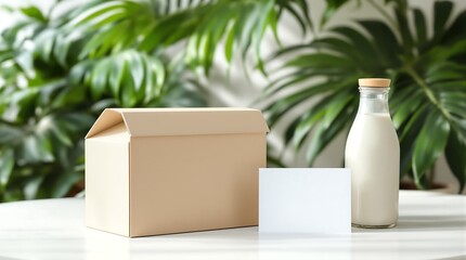 Order plant based milk online delivery service with box and card mockup for vegan dairy alternative