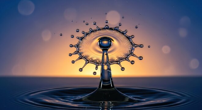 A water droplet creating a symmetrical pattern on a reflective surface with a gradient background.