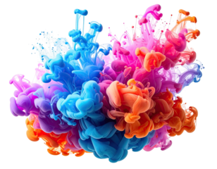 A vibrant explosion of colorful liquid plumes blending, with a black background