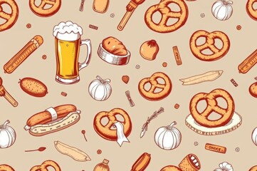 Seamless Oktoberfest Food and Drink Vector Pattern