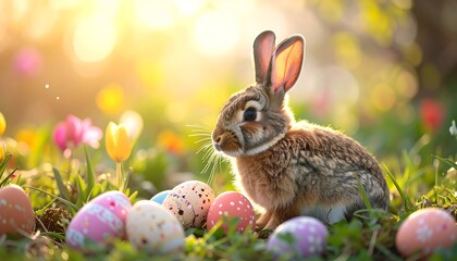 A fluffy rabbit sits near colorful Easter eggs in a sunlit garden