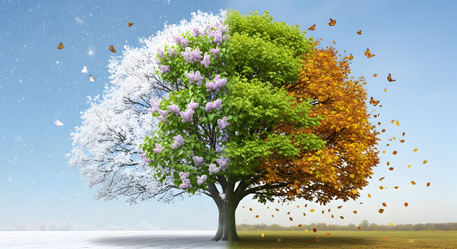 Celebrate the beauty of all four seasons with this vibrant tree showcasing winter snow, spring blossoms, summer greens, and autumn colors, all in one
