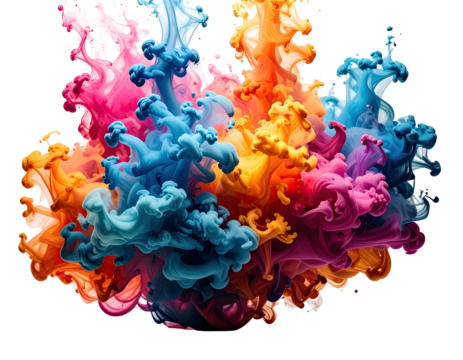 Swirling, colorful clouds of ink form an abstract and vibrant explosion against a black background