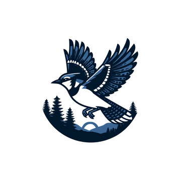 Majestic blue jay flying over a serene forest landscape with evergreen trees and a stylized mountain sunrise, nature graphic illustration.