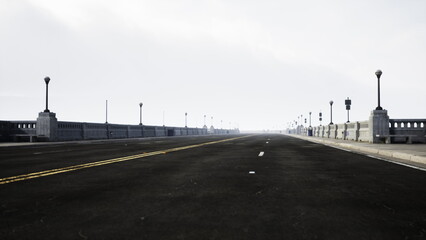 An empty road leads into the distance, flanked by streetlights glowing faintly. Overcast skies create a serene yet eerie atmosphere as dusk settles in, suggesting a quiet moment of solitude.