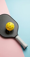 A black pickleball paddle lies on a light pink and blue surface with a bright yellow ball placed on top. The setup creates a vibrant contrast, showcasing the sport's equipment