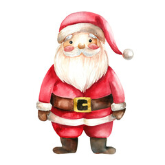 Watercolor painting of Santa Claus, with a red Santa winter hat.