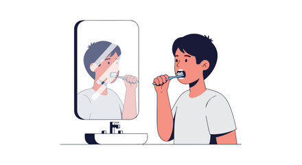 A young boy brushing his teeth in front of a bathroom mirror, reflecting his healthy oral hygiene routine and the start of a fresh day with a clean smile