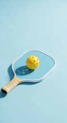 A pickleball paddle rests on a vibrant blue surface with a yellow ball placed on top, highlighting the sport's equipment. Perfect for players preparing for a match