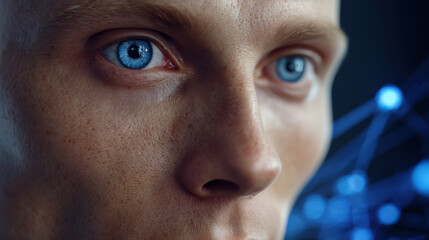 Human AI collaboration portrait of close up blue eye and digital network lights creating thoughtful atmosphere
