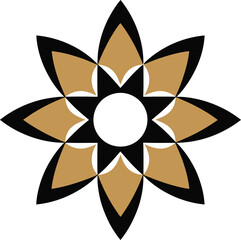 Abstract eight-petal flower symmetrical design with gold and black geometric shapes forming petals around a central white circle creating a starburst effect
