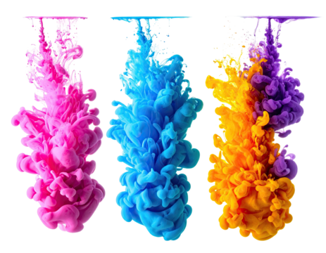 Three plumes of vibrant, suspended liquid with a black backdrop create an abstract visual