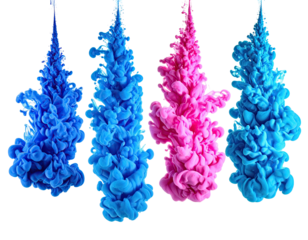 Four vibrant plumes of color ascend, forming cloud-like shapes against a stark black backdrop