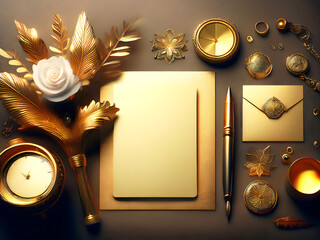 Elegant Gold Stationery Flat Lay with Watch, Rose, and Ornate Accents