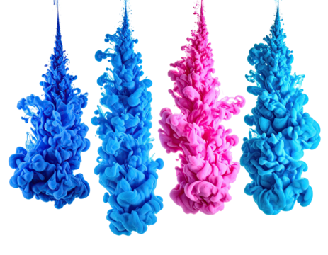 Four vibrant plumes of color ascend, forming cloud-like shapes against a stark black backdrop