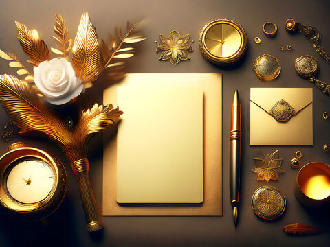 Elegant Gold Stationery Flat Lay with Watch, Rose, and Ornate Accents