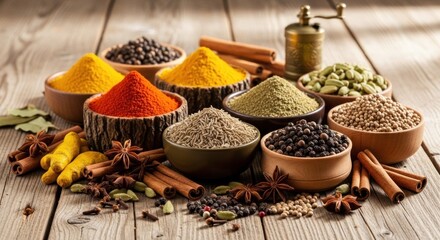 Various spices and herbs in wooden bowls on a rustic wooden table.