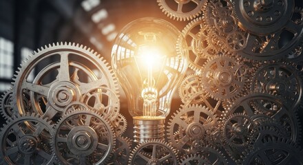 A glowing light bulb emerging from a complex mechanical gear system.