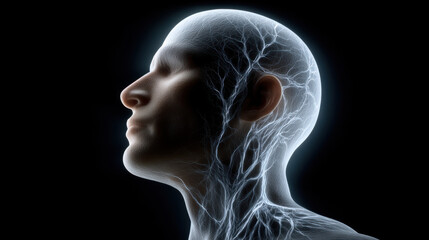 Human profile glowing with neural network patterns collaborative ai inspired concept art showing human ai collaboration