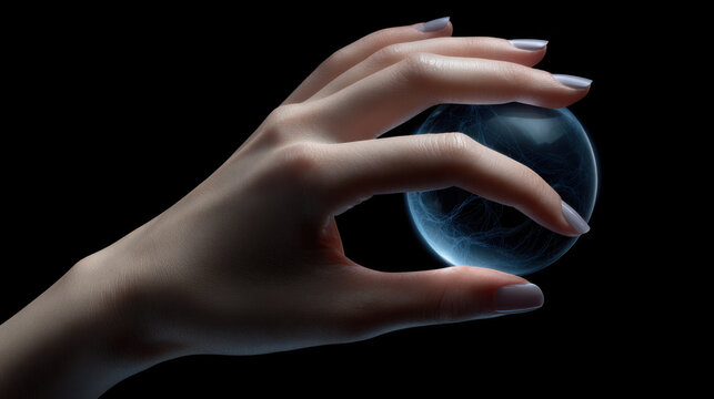 A human hand holding glowing sphere showing ai collaboration and delicate connection evoking futuristic creativity