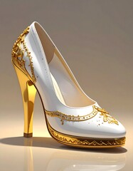 Elegant white high heel shoe, accented by gold embellishments and heel