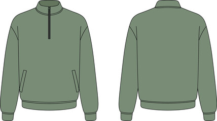 Technical Fashion Flat Sketch of a Quarter-Zip Pullover Sweatshirt, Featuring Front and Back Views, with Ribbed Hem and Side Pockets, Vector Outline Template. © Hasan Creatives