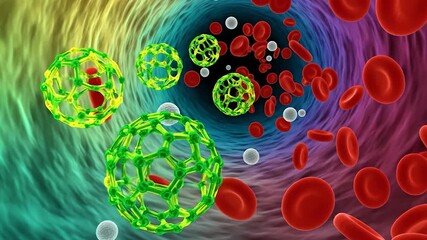 Nanoparticles and blood cells flowing through a blood vessel, microscopic view of nanotechnology in medicine and biology - Powered by Adobe