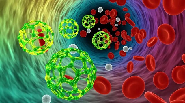 Nanoparticles and blood cells flowing through a blood vessel, microscopic view of nanotechnology in medicine and biology