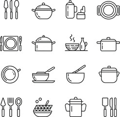 Collection of diverse kitchenware icons set cooking utensils pots pans bowls and cutlery