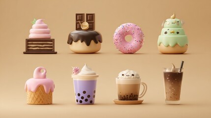 Whimsical Dessert Collection: 3D Render of Cakes, Donut, and Bubble Tea on Beige Background