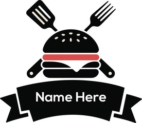 Creative burger logo design with utensils and ribbon for restaurant food business