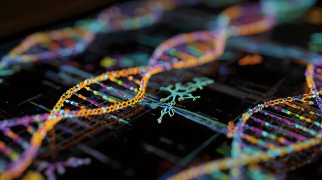 Colorful strands of DNA twist against a dark background with digital elements.