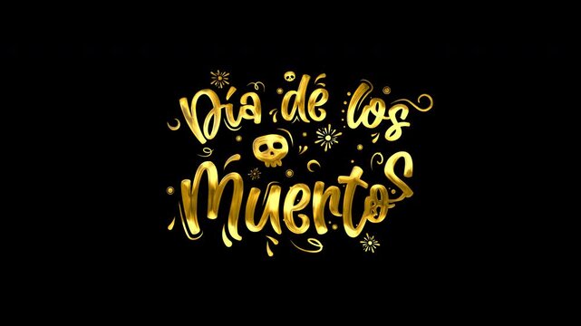 Golden dia de los muertos text and skull design perfect for festive invitations or mexicanthemed decor. Halloween party essential.