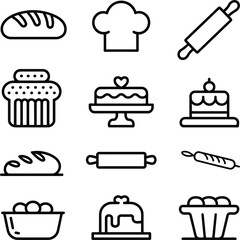 Collection of baking icons representing bread cakes pastries and cooking utensils