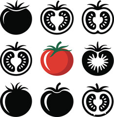 Collection of fresh tomato icons and symbols for healthy food and nutrition design