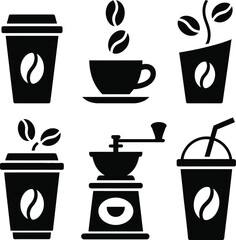 Collection of six silhouette icons representing coffee culture and caffeine beverage enjoyment