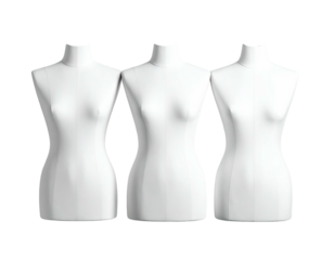 Three white, headless female mannequins stand in a row, showcasing garment forms for fashion design