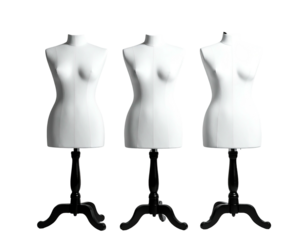 Three white female torso dress forms on black ornate stands, isolated on a black background