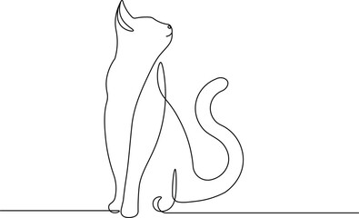 One Line Art Sitting Cat - Minimalist Continuous Line Drawing of a Cat Looking Up Vector Illustration © Ascreator