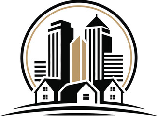 Modern cityscape skyline with diverse architecture and residential homes logo concept