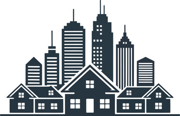 Modern cityscape with residential houses and tall office buildings