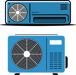 Two modern blue air conditioning units outdoor compressor systems cooling technology