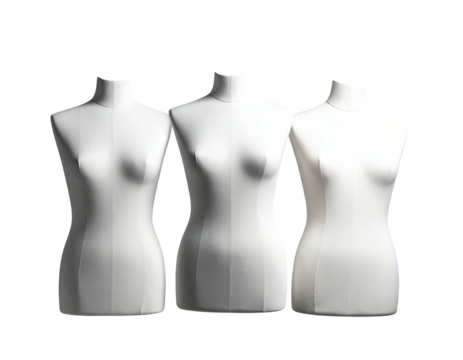 Three headless, white torso dress forms are positioned in a row against a stark black backdrop