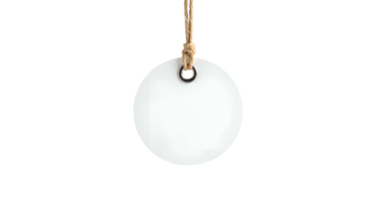 White circular tag, hanging by a tan rope, against a black background