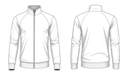 Front and back view illustration of a blank white track jacket with ribbed cuffs, collar, and hem